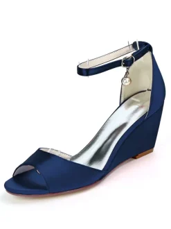 Chaussures de mariage perles de satin ivoire bout ouvert bride à la cheville talon compensé chaussures de mariée