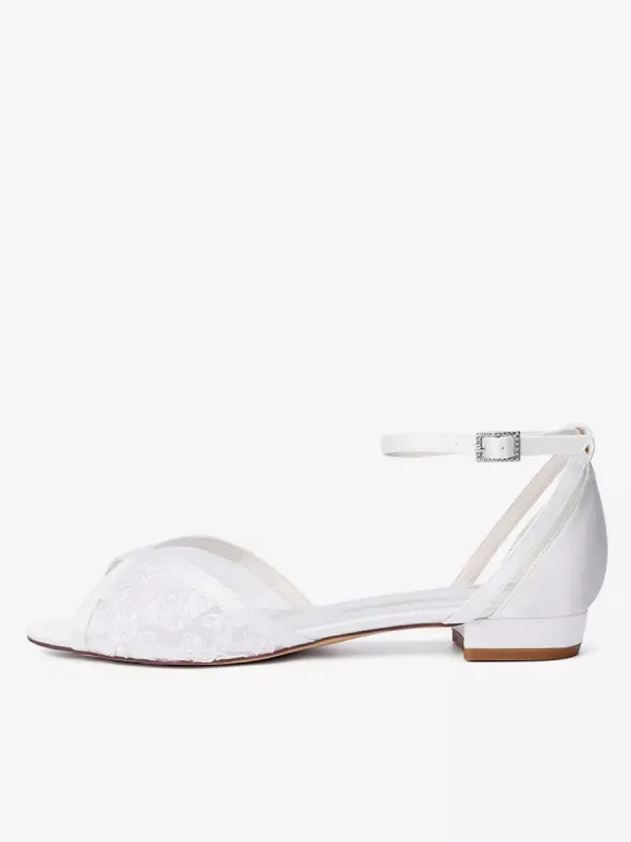 Chaussures de mariage plates en dentelle bout ouvert bride à la cheville