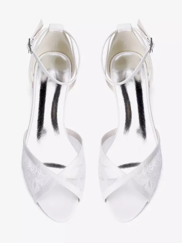 Chaussures de mariage plates en dentelle bout ouvert bride à la cheville