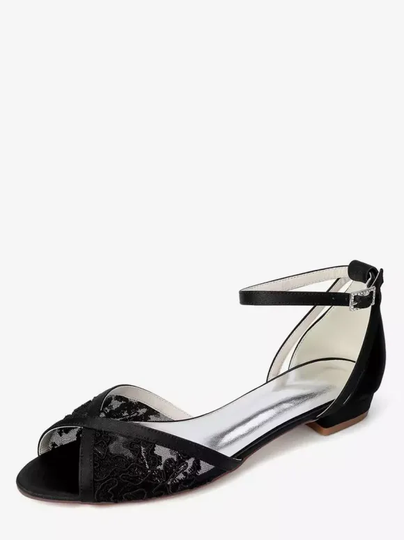 Chaussures de mariage plates en dentelle bout ouvert bride à la cheville
