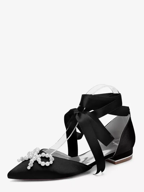 Chaussures de mariage plates à lacets avec n艙ud et perles