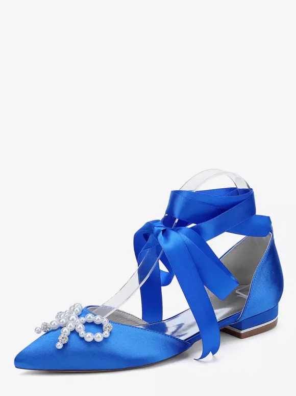 Chaussures de mariage plates à lacets avec n艙ud et perles