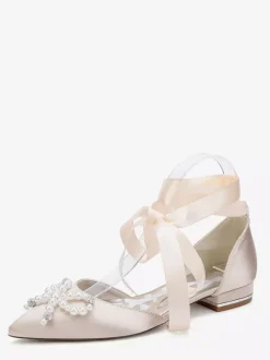 Chaussures de mariage plates à lacets avec n艙ud et perles