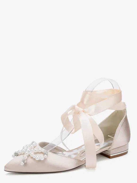 Chaussures de mariage plates à lacets avec n艙ud et perles