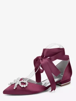 Chaussures de mariage plates à lacets avec n艙ud et perles