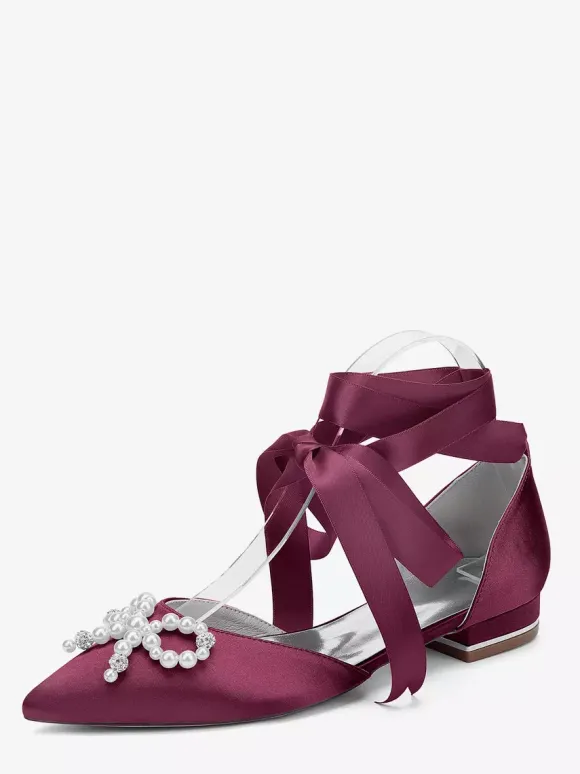 Chaussures de mariage plates à lacets avec n艙ud et perles