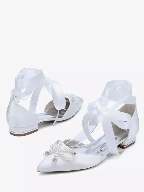 Chaussures de mariage plates à lacets avec n艙ud et perles