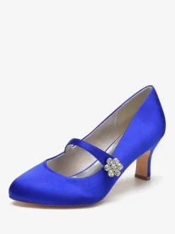 Chaussures De Mariage Pour Femmes Satin Blanc Bout Rond Strass Talon Trotteur Chaussures De Mariée À Lacet