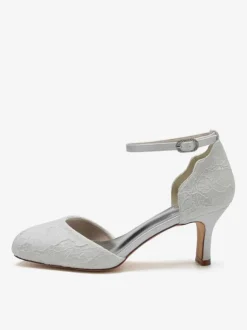 Chaussures De Mariage Pour Femmes Satin Blanc Bout Rond Strass Talon Trotteur Chaussures De Mariée