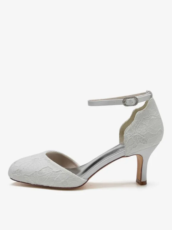 Chaussures De Mariage Pour Femmes Satin Blanc Bout Rond Strass Talon Trotteur Chaussures De Mariée