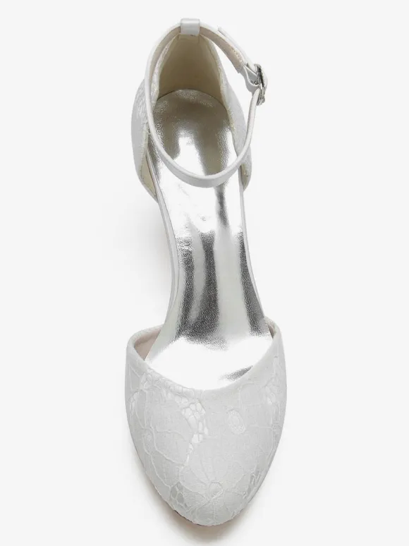 Chaussures De Mariage Pour Femmes Satin Blanc Bout Rond Strass Talon Trotteur Chaussures De Mariée