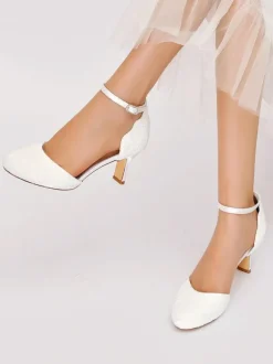 Chaussures De Mariage Pour Femmes Satin Blanc Bout Rond Strass Talon Trotteur Chaussures De Mariée