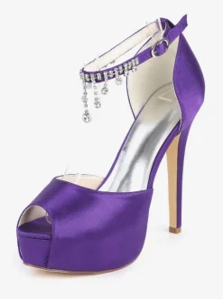 Chaussures de mariage Satin blanc Peep Toe Chaînes Talon aiguille Bride à la cheville Chaussures de mariée