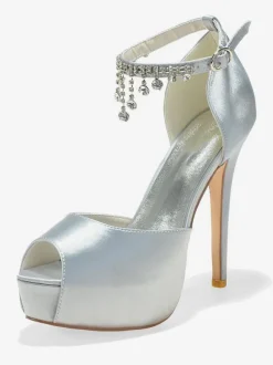 Chaussures de mariage Satin blanc Peep Toe Chaînes Talon aiguille Bride à la cheville Chaussures de mariée