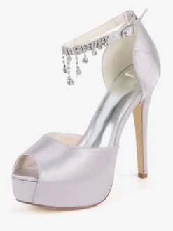 Chaussures de mariage Satin blanc Peep Toe Chaînes Talon aiguille Bride à la cheville Chaussures de mariée