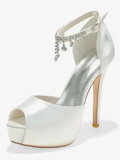 Chaussures de mariage Satin blanc Peep Toe Chaînes Talon aiguille Bride à la cheville Chaussures de mariée