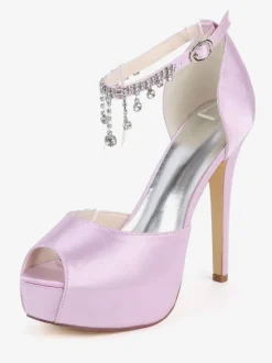 Chaussures de mariage Satin blanc Peep Toe Chaînes Talon aiguille Bride à la cheville Chaussures de mariée