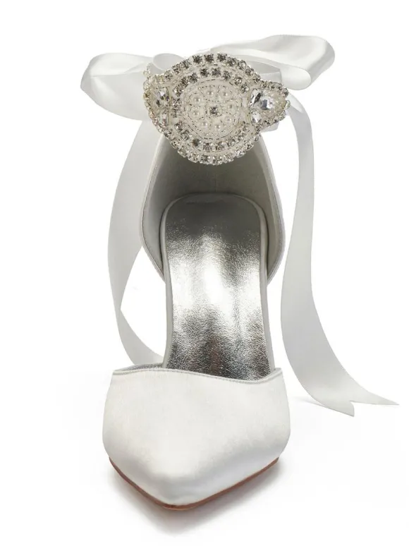 Chaussures de mariage Satin Bleu Bout pointu Perles Talon aiguille Retour Bow Chaussures de mariée