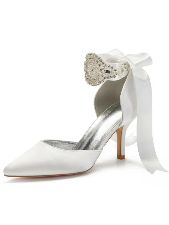 Chaussures de mariage Satin Bleu Bout pointu Perles Talon aiguille Retour Bow Chaussures de mariée