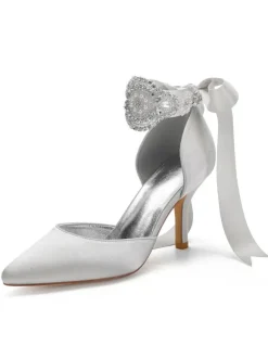 Chaussures de mariage Satin Bleu Bout pointu Perles Talon aiguille Retour Bow Chaussures de mariée