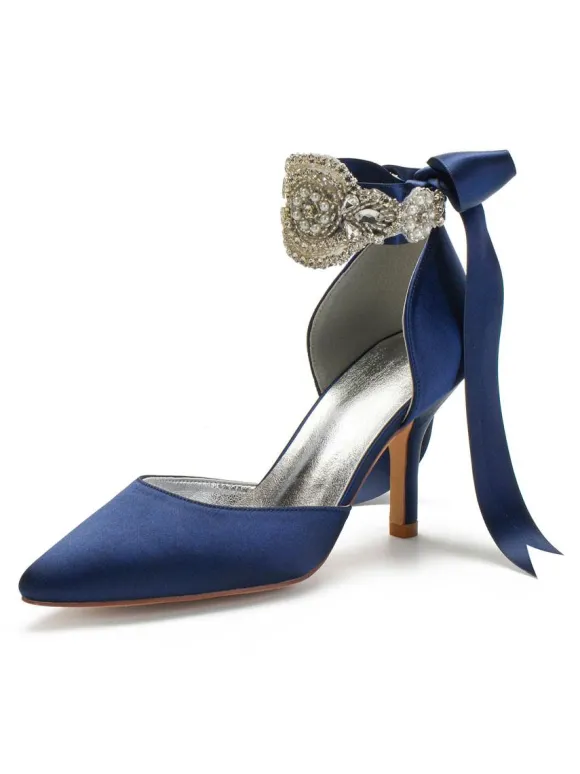 Chaussures de mariage Satin Bleu Bout pointu Perles Talon aiguille Retour Bow Chaussures de mariée