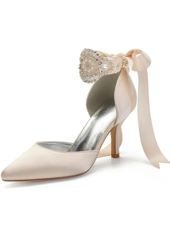 Chaussures de mariage Satin Bleu Bout pointu Perles Talon aiguille Retour Bow Chaussures de mariée