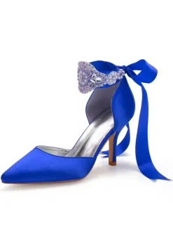 Chaussures de mariage Satin Bleu Bout pointu Perles Talon aiguille Retour Bow Chaussures de mariée