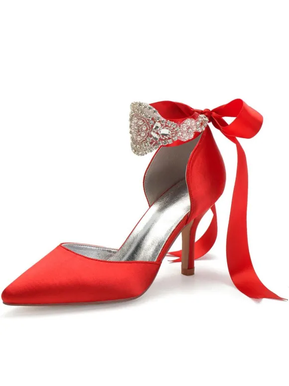 Chaussures de mariage Satin Bleu Bout pointu Perles Talon aiguille Retour Bow Chaussures de mariée