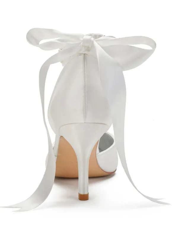 Chaussures de mariage Satin Bleu Bout pointu Perles Talon aiguille Retour Bow Chaussures de mariée