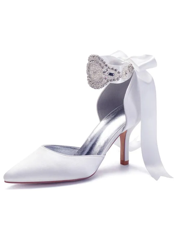 Chaussures de mariage Satin Bleu Bout pointu Perles Talon aiguille Retour Bow Chaussures de mariée