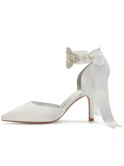 Chaussures de mariage Satin Bleu Bout pointu Perles Talon aiguille Retour Bow Chaussures de mariée