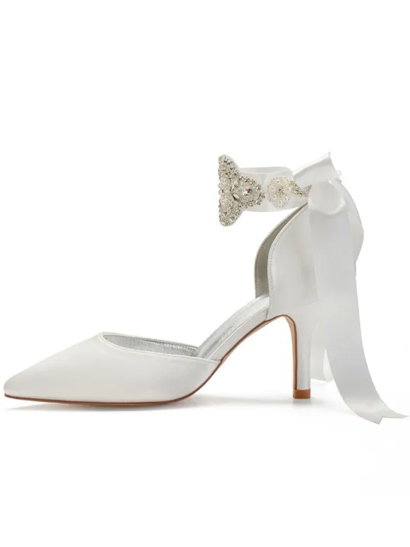 Chaussures de mariage Satin Bleu Bout pointu Perles Talon aiguille Retour Bow Chaussures de mariée