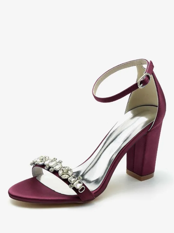 Chaussures de mariage Satin Bordeaux Strass Sandales de mariage à bout ouvert