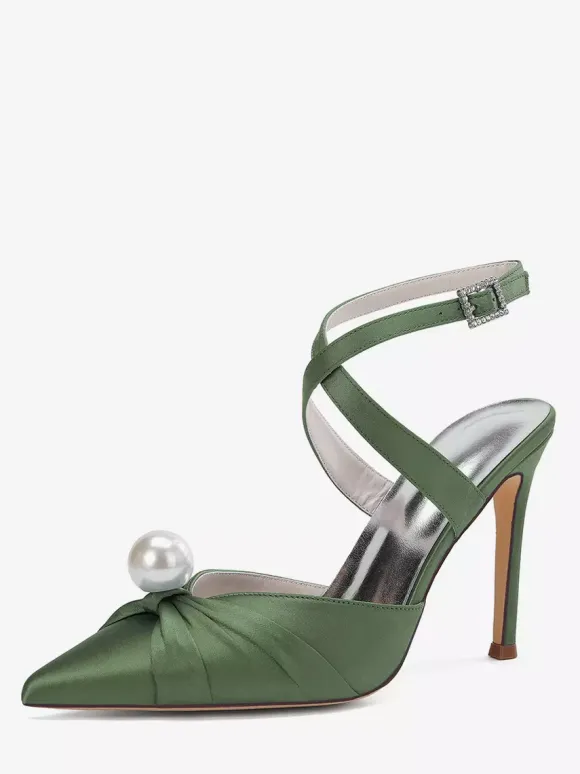 Chaussures de mariage à talons hauts en satin bout pointu perles escarpins à bride arrière