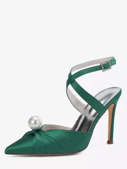 Chaussures de mariage à talons hauts en satin bout pointu perles escarpins à bride arrière