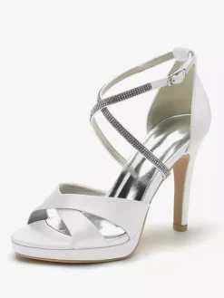 Chaussures de mariage à talons hauts ivoire à bout ouvert avec strass et corsage