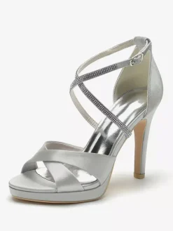 Chaussures de mariage à talons hauts ivoire à bout ouvert avec strass et corsage