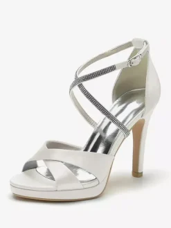 Chaussures de mariage à talons hauts ivoire à bout ouvert avec strass et corsage