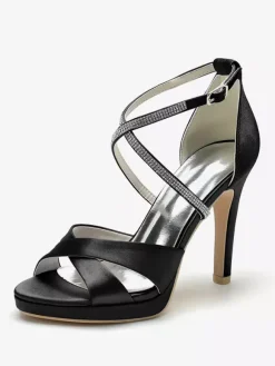 Chaussures de mariage à talons hauts ivoire à bout ouvert avec strass et corsage
