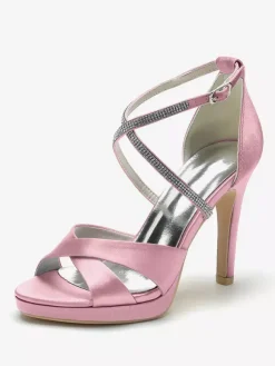 Chaussures de mariage à talons hauts ivoire à bout ouvert avec strass et corsage