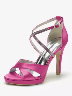 Chaussures de mariage à talons hauts ivoire à bout ouvert avec strass et corsage