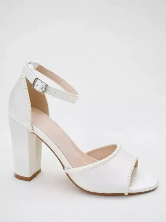 Chaussures de mariage à talons épais Chaussures de mariée à bout ouvert avec perles blanches