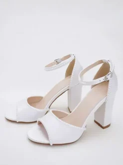 Chaussures de mariage à talons épais Chaussures de mariée à bout ouvert avec perles blanches