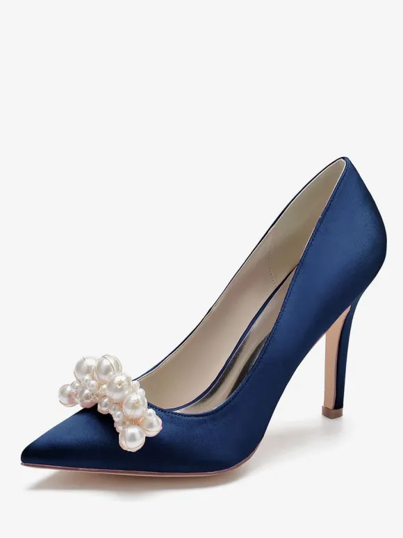 Chaussures de mariage à talons hauts Satin Bout pointu Perles Talon aiguille Escarpins de mariée