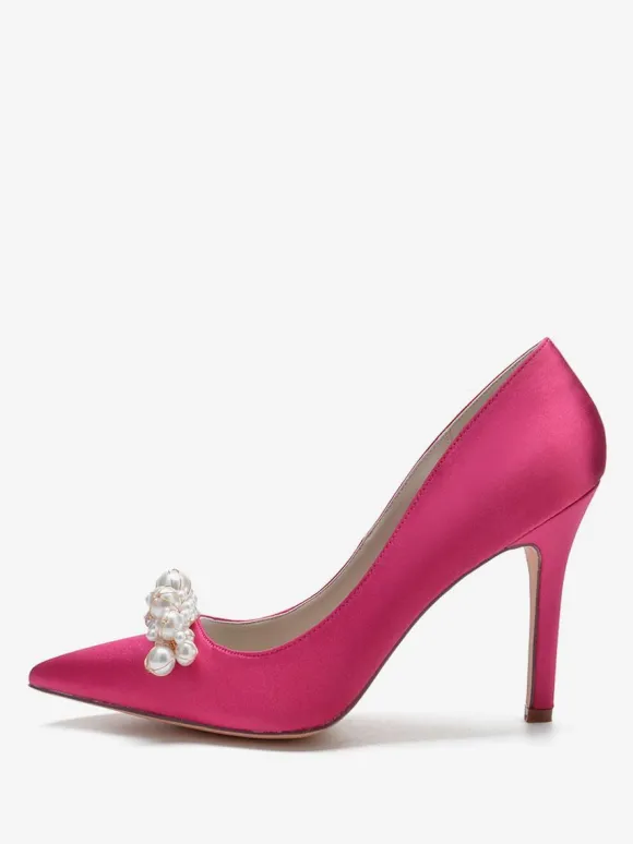 Chaussures de mariage à talons hauts Satin Bout pointu Perles Talon aiguille Escarpins de mariée