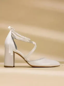 Chaussures de mariage à talons hauts chaussures de mariée à talons épais bout pointu perles bride à la cheville