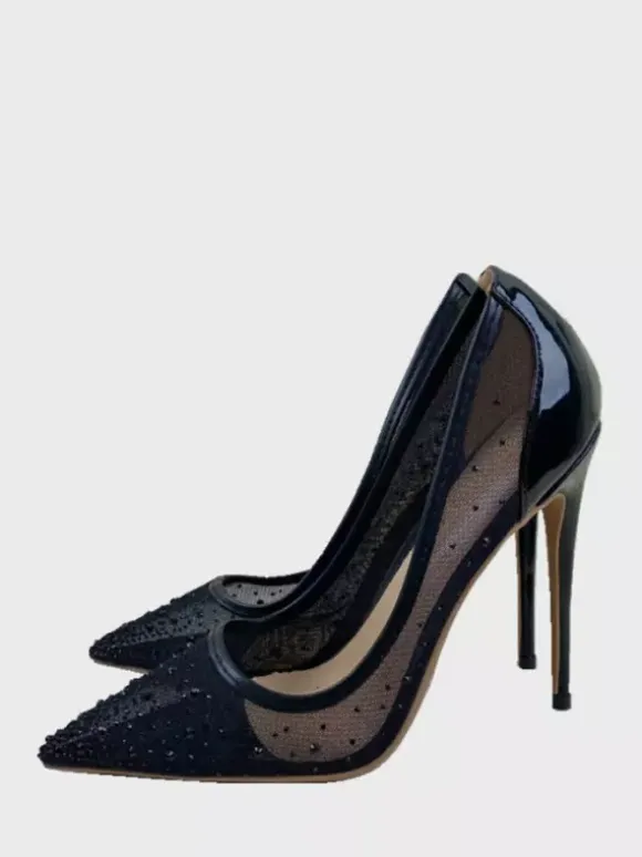 Chaussures de mariage à talons aiguilles et bout pointu en maille noire avec patchwork de strass