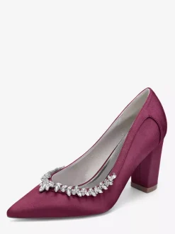 Chaussures de mariée en satin à bout pointu et talons épais avec strass