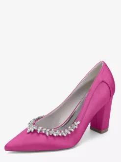 Chaussures de mariée en satin à bout pointu et talons épais avec strass