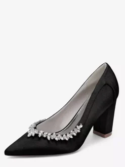 Chaussures de mariée en satin à bout pointu et talons épais avec strass